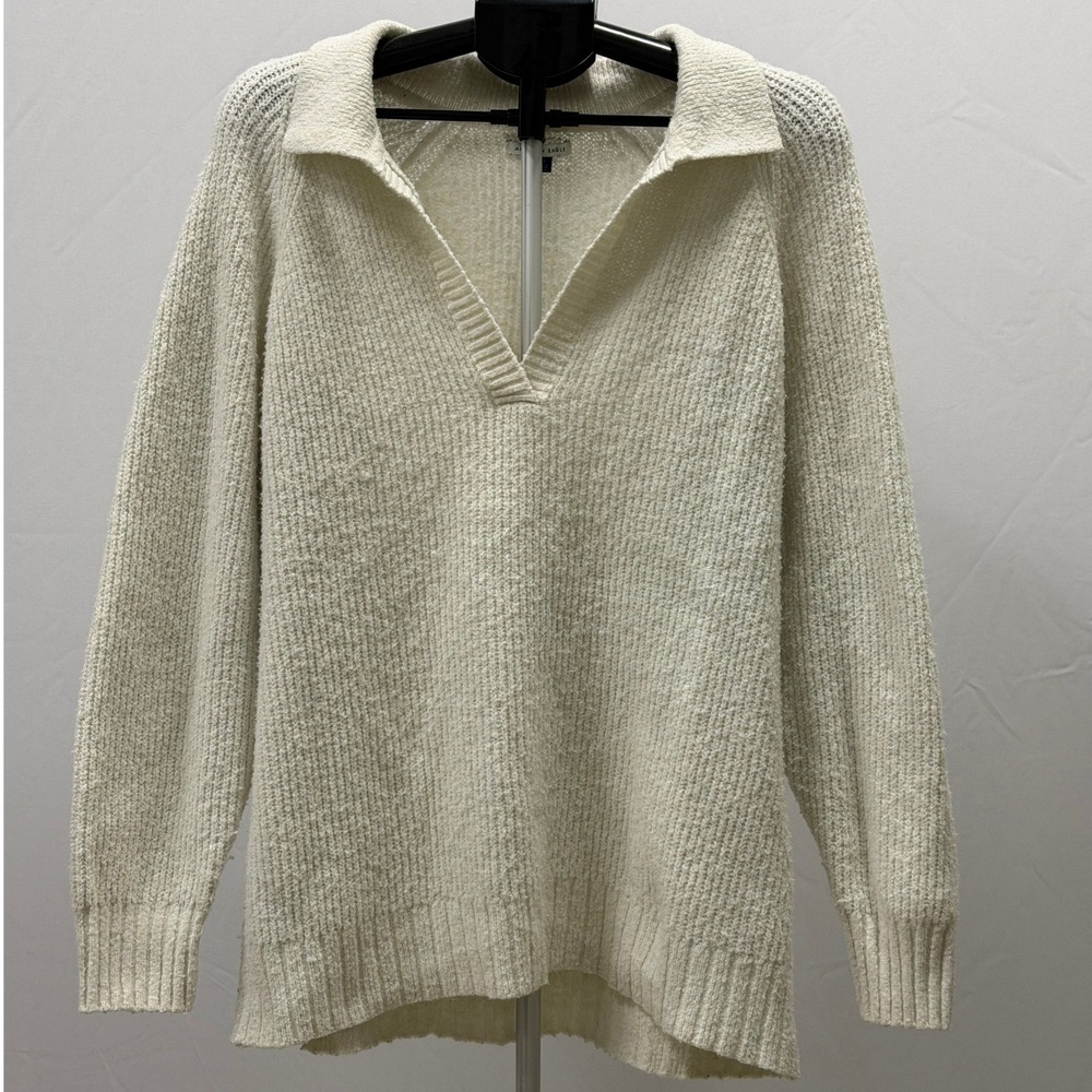 American Eagle Women Cream Collared V Neck Knit‎ Sweater Pullover Long Sleeve M